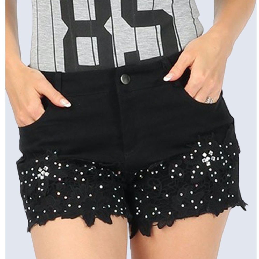 Black Denim Shorts with Rhinestone Detail